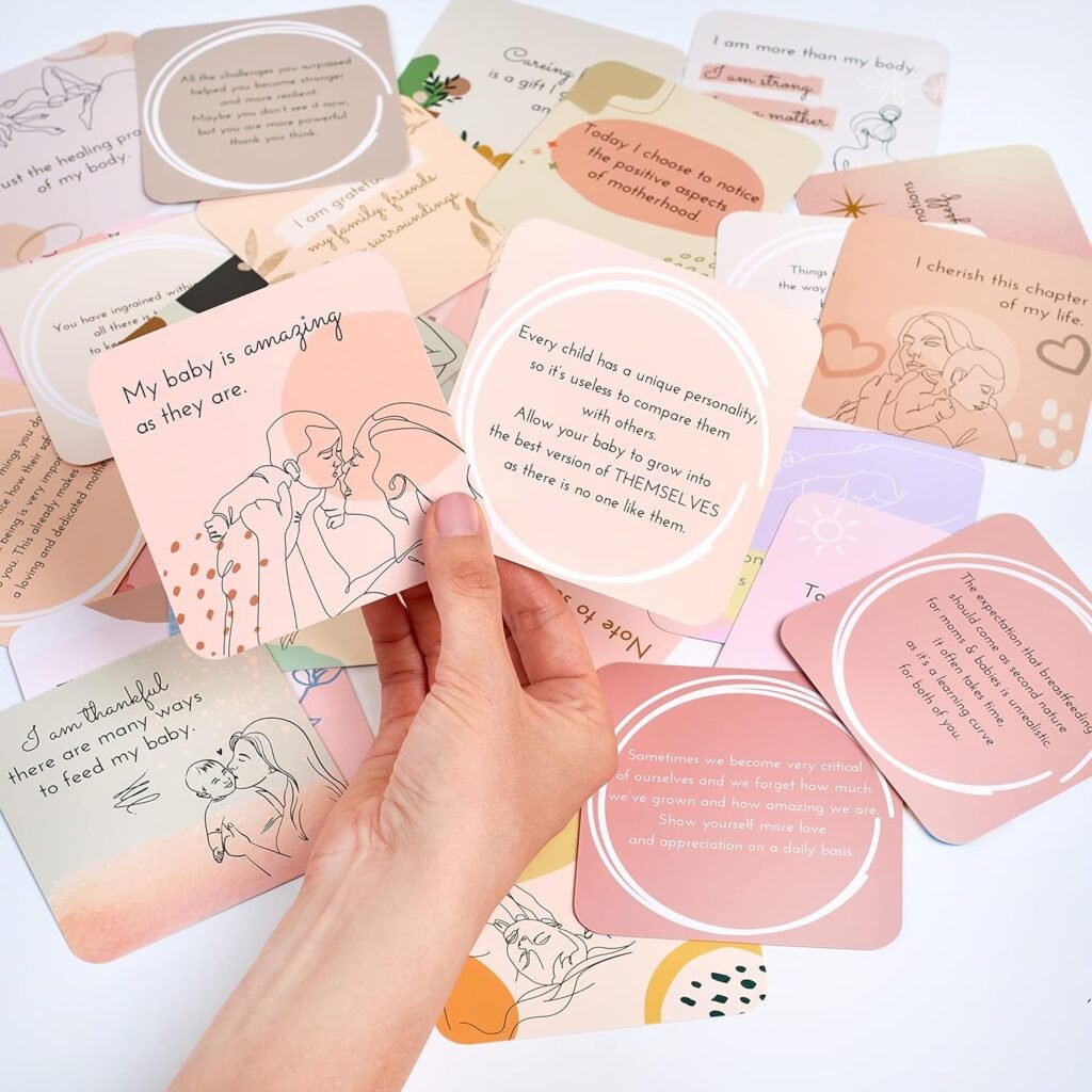 Ariond 31 New Mom Affirmation Cards for Post Partum/Postpartum Self Care with Empowering Messages on the verso of each card | New mom essentials gifts for women after birth