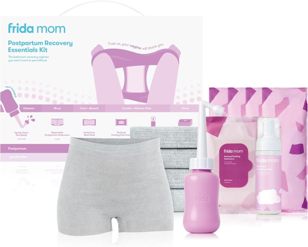 Frida Mom Postpartum Recovery Essentials Kit, Includes Disposable Underwear, Instant Ice Maxi Pads, Perineal Healing Foam, Perineal Healing Pad Liners and Upside Down Peri Bottle (11pc Gift Set)