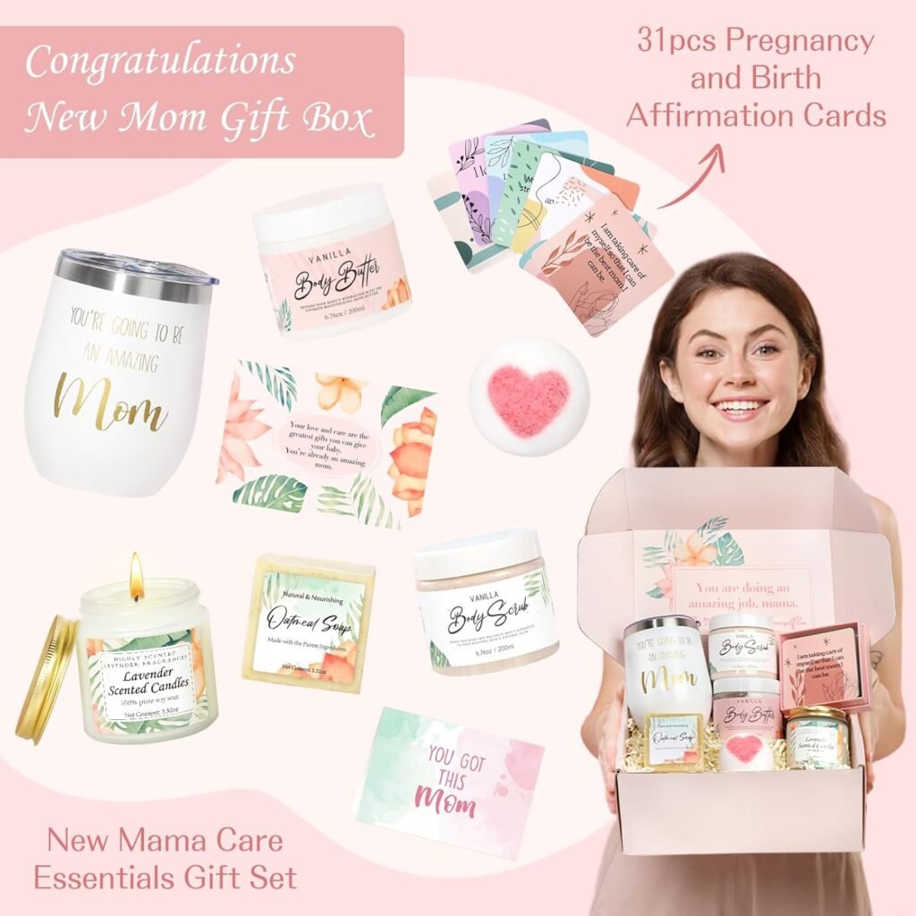 New Mom Gifts, Postpartum Essentials Mom to Be Gift, Pregnancy Gifts for Expecting Mom, Pregnancy Must Haves with Affirmation Cards Lavender Candle for Women New Mama After Birth Mothers Day