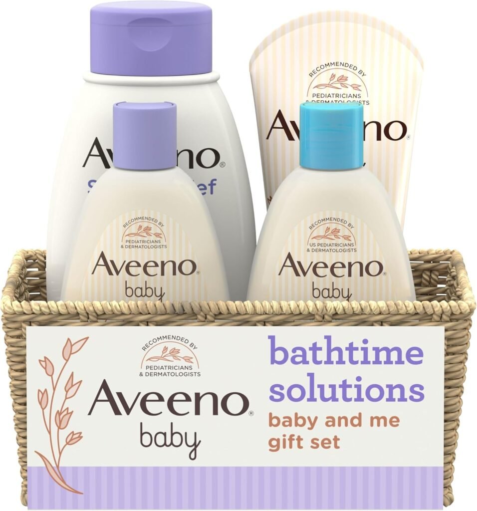 Aveeno Baby Bathtime Solutions Baby  Me Gift Set with Baby Wash  Shampoo, Calming Baby Bath, Baby Daily Moisturizing Lotion  Stress Relief Body Wash for Mom, Oatmeal, 4 Items