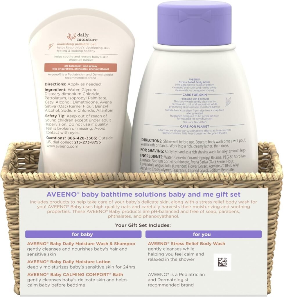 Aveeno Baby Bathtime Solutions Baby  Me Gift Set with Baby Wash  Shampoo, Calming Baby Bath, Baby Daily Moisturizing Lotion  Stress Relief Body Wash for Mom, Oatmeal, 4 Items