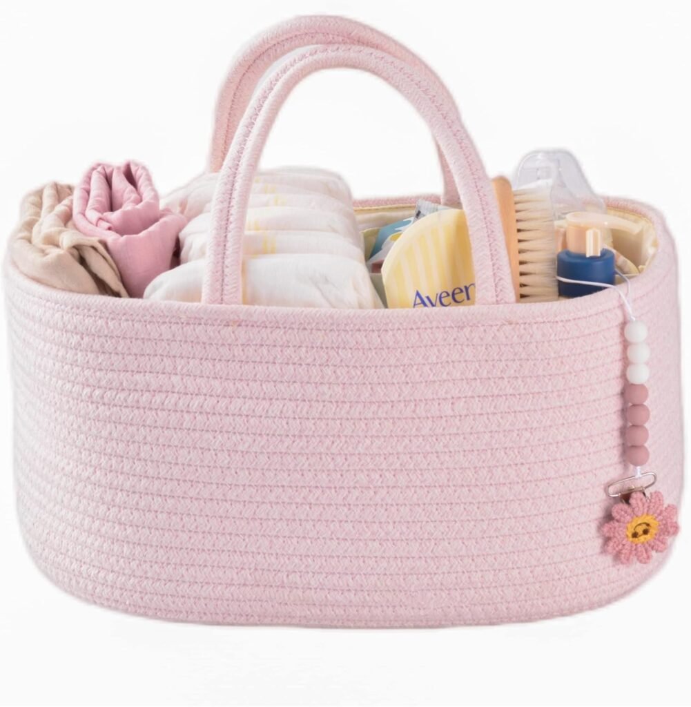 Baby Diaper Caddy Organizer for Girl Boy Rope Nursery Storage Bin Basket Portable Holder Tote Bag for Changing Table Car Travel Baby Shower Gifts Newborn Essentials Registry Must Have Items Pink