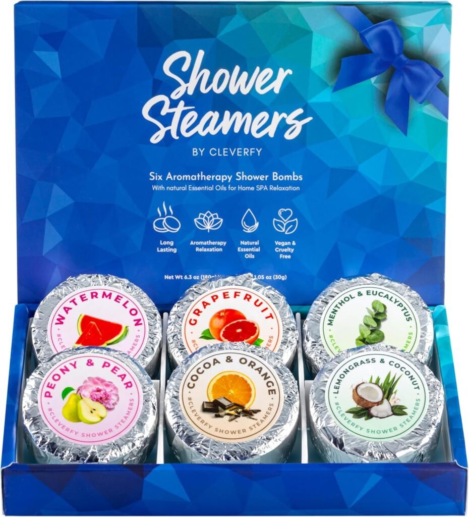 Cleverfy Shower Steamers Aromatherapy - Compact Box of 6 Premium Shower Bombs with Essential Oils. Self Care White Elephant Gifts for Adults and Secret Santa Gifts for Women.