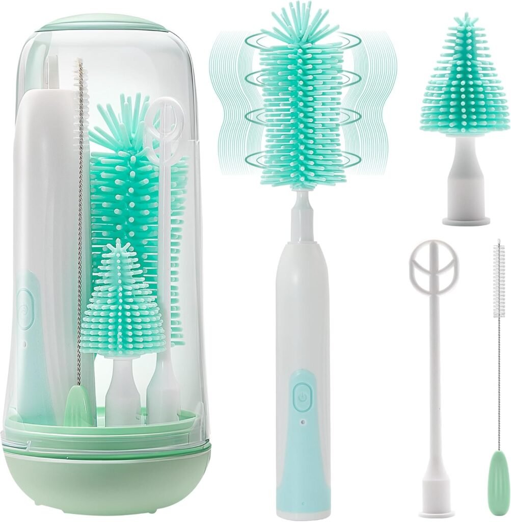 Electric Bottle Brush Cleaner, Rechargable Electric Baby Bottle Brush for Travel, Waterproof Electric Bottle Cleaner Set with Nipple  Straw Brush, Perfect Essentials Gift for Mom After Birth, Green