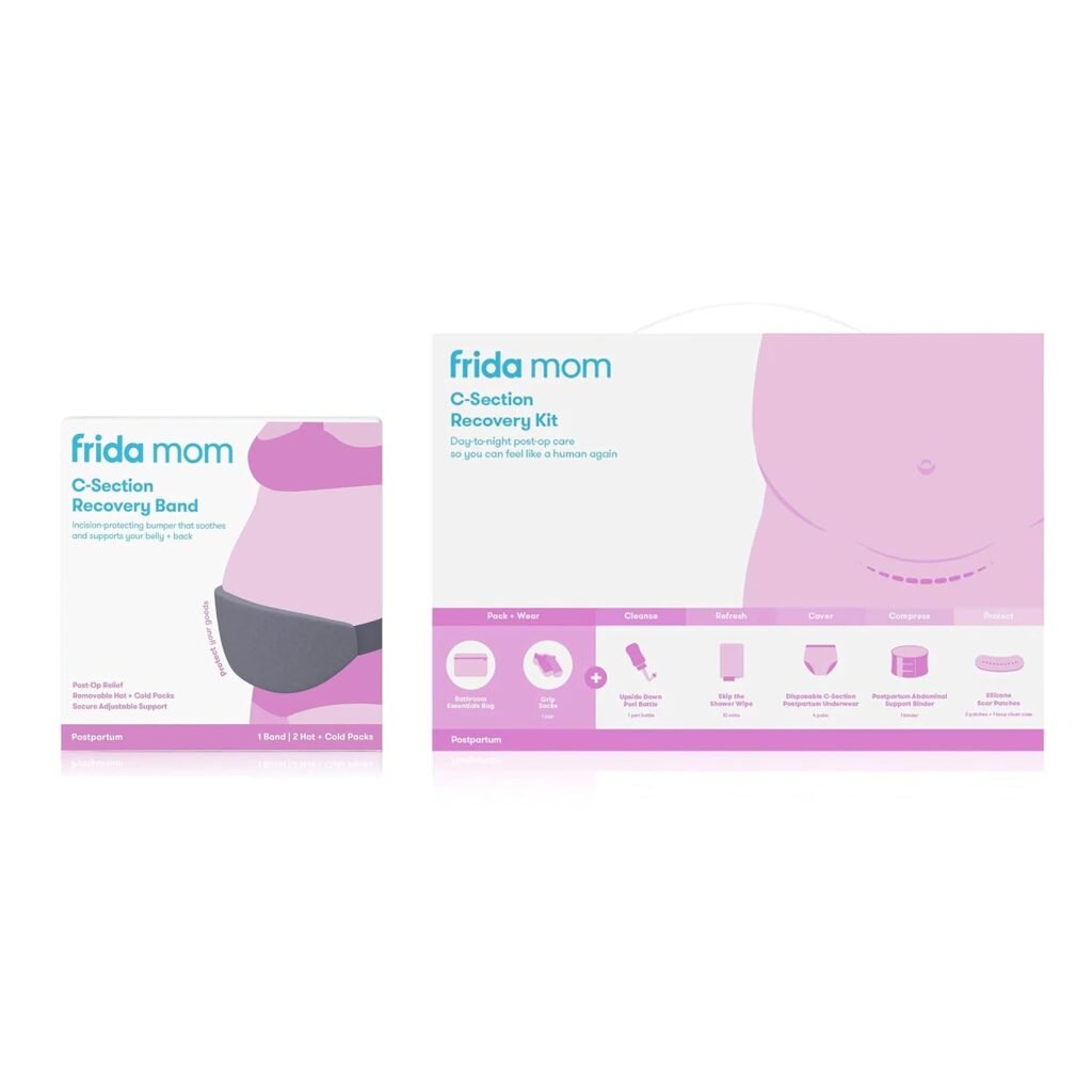 Frida Mom C-Section Recovery Must Have Kit for Labor, Delivery,  Postpartum, Socks, Peri Bottle, Disposable Underwear, Abdominal Support Binder, Shower Wipes, Silicone Scar Patches,  Toiletry Bag