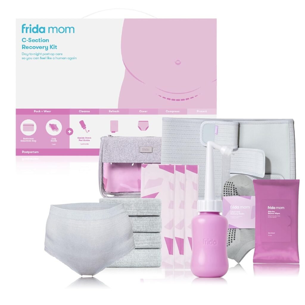 Frida Mom C-Section Recovery Must Have Kit for Labor, Delivery,  Postpartum, Socks, Peri Bottle, Disposable Underwear, Abdominal Support Binder, Shower Wipes, Silicone Scar Patches,  Toiletry Bag