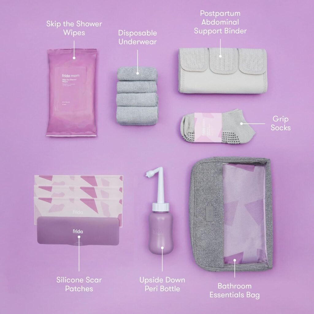 Frida Mom C-Section Recovery Must Have Kit for Labor, Delivery,  Postpartum, Socks, Peri Bottle, Disposable Underwear, Abdominal Support Binder, Shower Wipes, Silicone Scar Patches,  Toiletry Bag