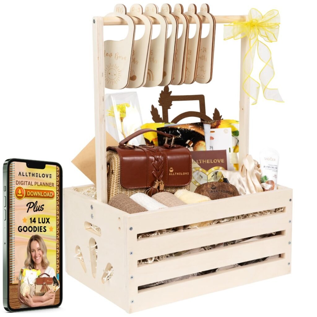 Gifts Included Wooden Baby Shower Crate – No Props, with Self-Care Essentials for New Moms, Premium Affirmation Cards, Chic Hand tote , Milestone Blanket, Candle, and More