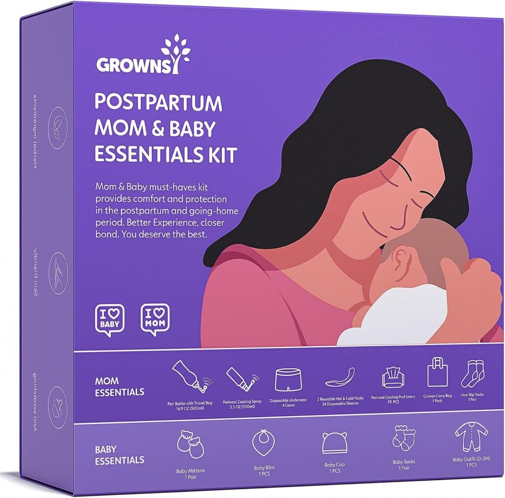 Grownsy Postpartum Mom  Baby Essential Kits, Postpartum Recovery Kit for Labor Delivery with Hospital Essentials for Women After Birth with PERI Bottle, Herbal Cooling Spray, Herbal Cooling Liner