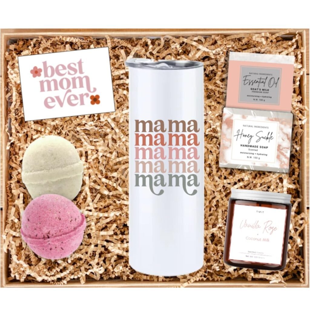 New Mom Gift Set - Mama Mama Tumbler - Best Mommy Spa Bath Set - Best Gift Idea First Time Mama and Expecting Mother to Be - Baby Shower Basket w/Bath Bomb, Soap,  Candle