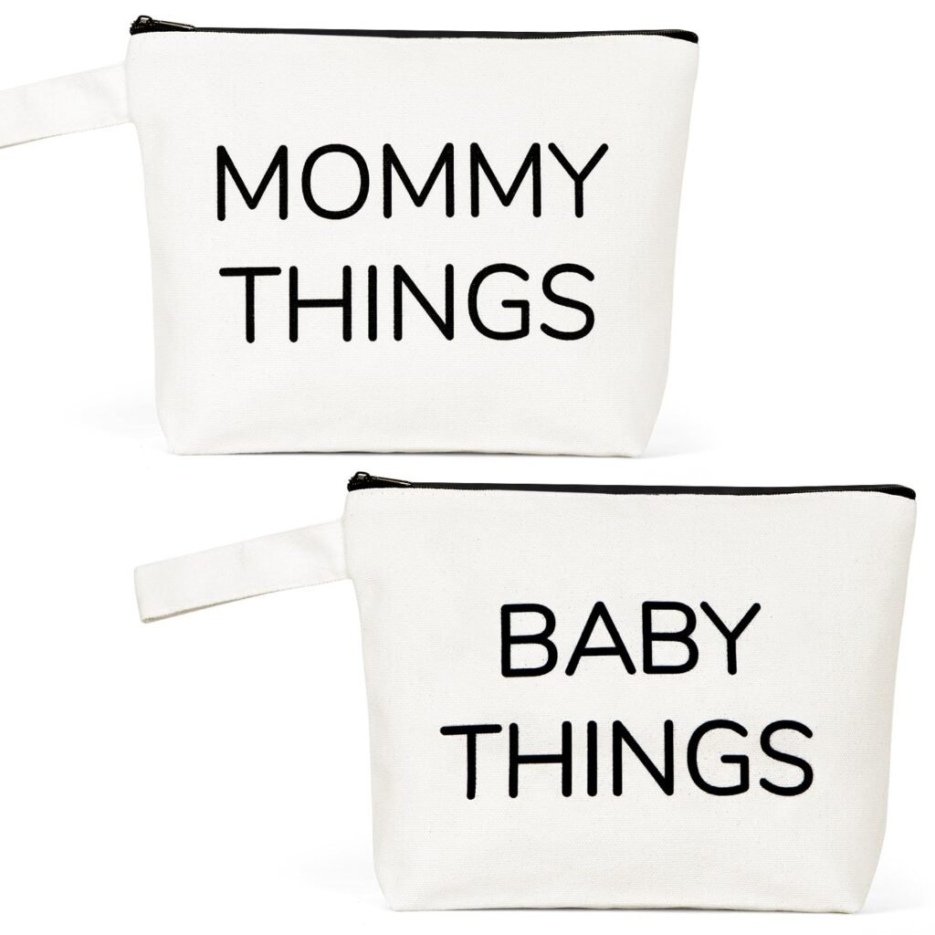 New Mom Gifts, 2PCS Mommy and Baby Canvas Pouch Set, Gifts For Expecting Moms Keepsake Bag, New Mothers and Baby Essentials Stuff, Neutral Makeup Bag Gift Set