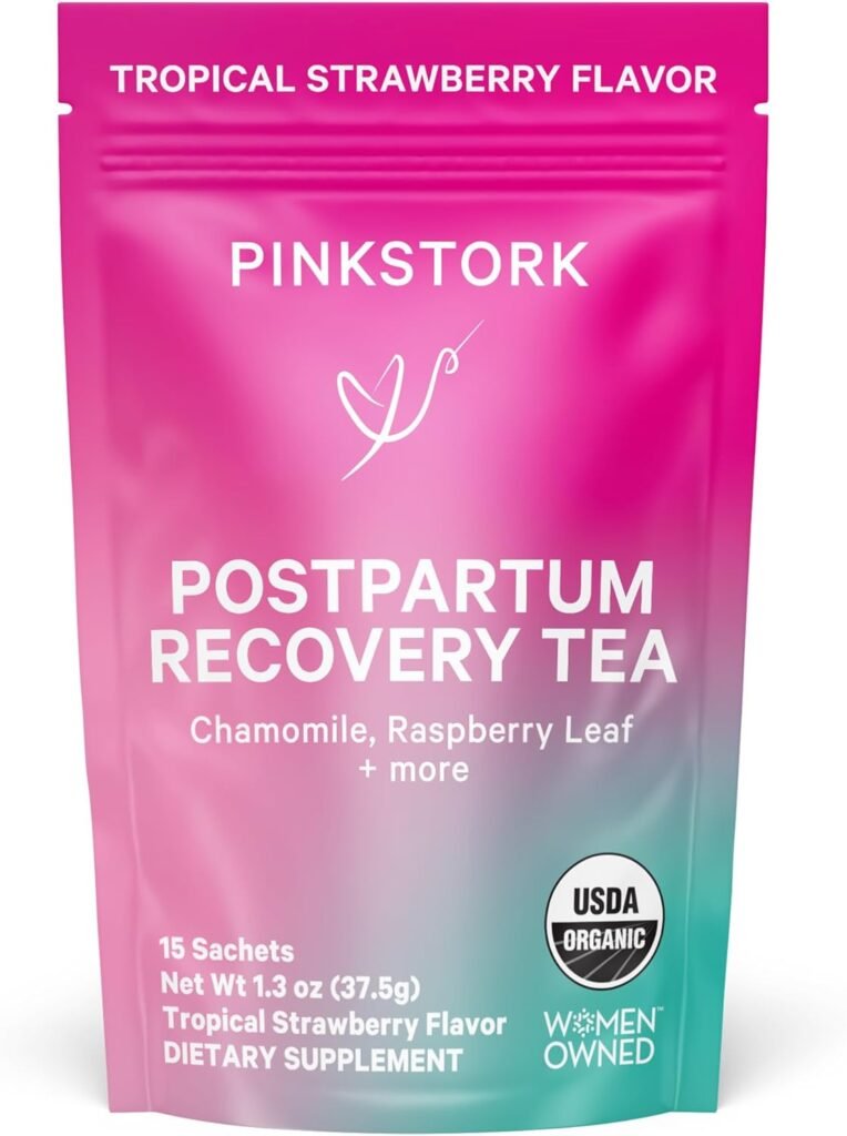 Pink Stork Postpartum Recovery Herbal Tea, Organic Red Raspberry Leaf with Chamomile, Hormone Balance for Women After Labor and Delivery, Strawberry Passion, Hot or Iced, Caffeine-Free, 15 Sachets