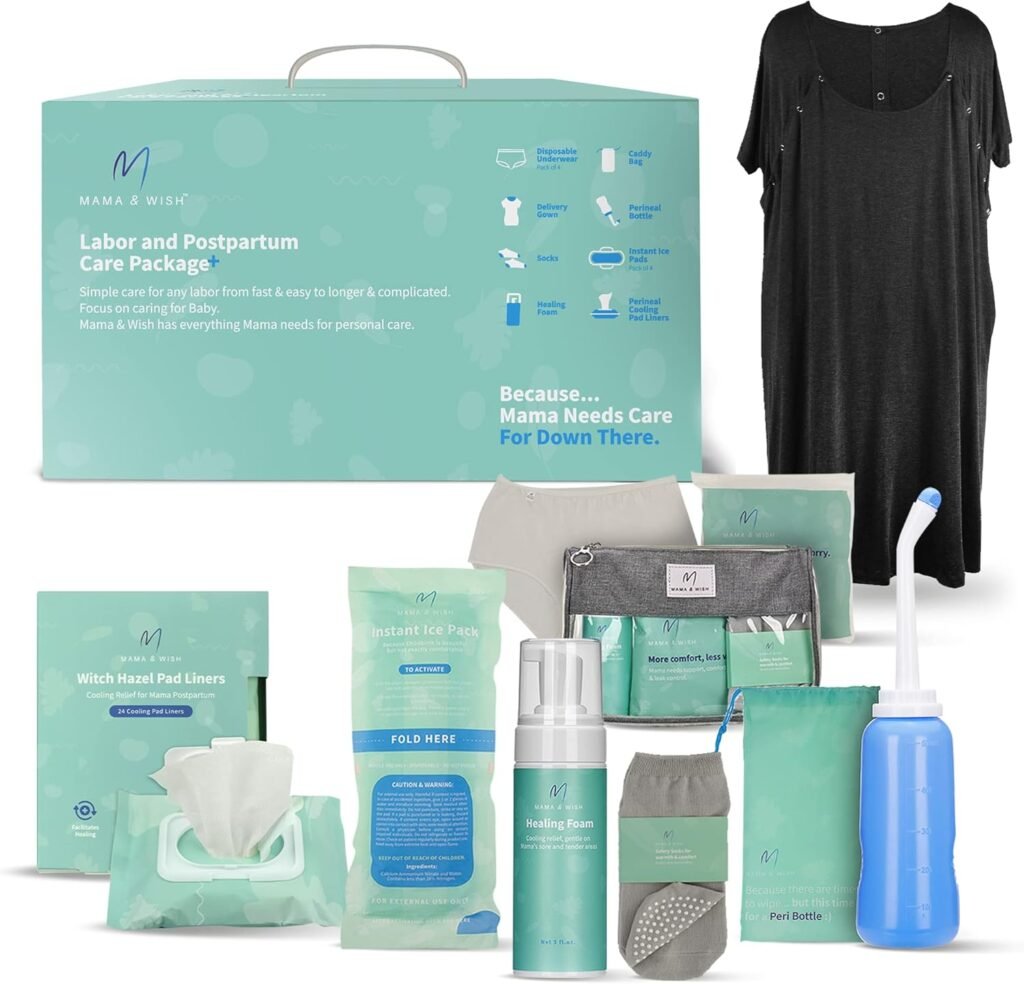 Postpartum Care Kit for Mom (14-Piece) - Includes Labor and Delivery Gown, Peri Bottle, Witch Hazel Foam, Pad Liners  More! with Hospital Essentials for Women After Birth