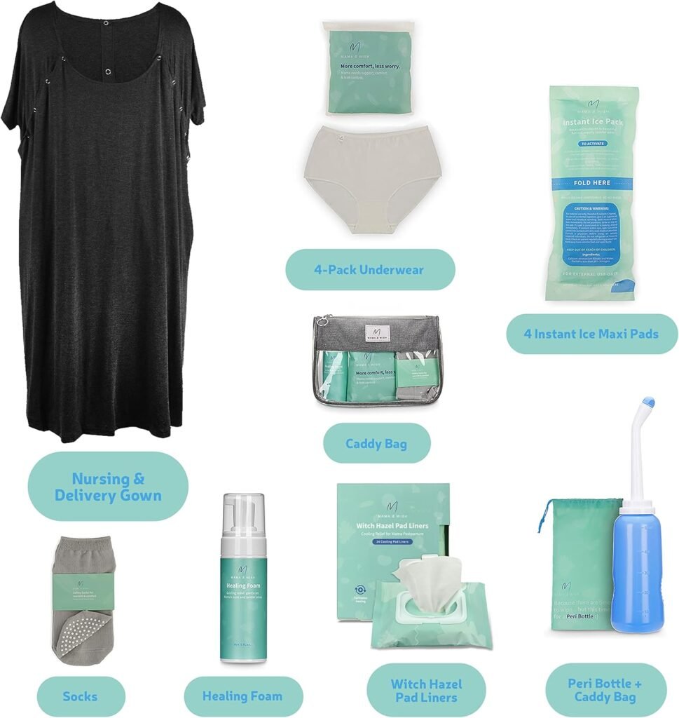 Postpartum Care Kit for Mom (14-Piece) - Includes Labor and Delivery Gown, Peri Bottle, Witch Hazel Foam, Pad Liners  More! with Hospital Essentials for Women After Birth