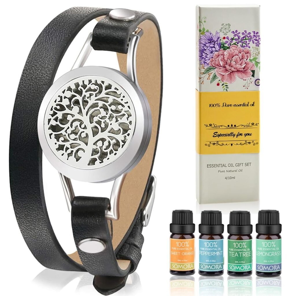 SOMORA Aromatherapy Essential Oil Diffuser Bracelet Gift Set, Christmas Unique Gifts for Women, Birthday Gift Ideas for Mom, Best Friend, Sister, Wife, White Elephant Gifts for Adults, Black