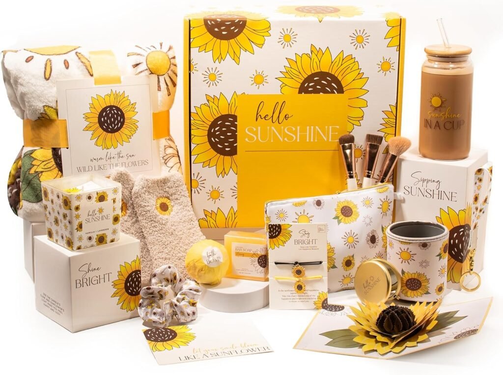 The Love Crate Co Sunflower Gifts for Women, 15pc Custom Gift Box for Women. Get Well Soon Gift Baskets for Women, You Are My Sunshine Gifts, Care Package For Women Thinking of You, Wellness Gifts.