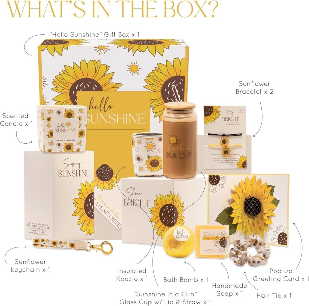 The Love Crate Co Sunflower Gifts for Women, 15pc Custom Gift Box for Women. Get Well Soon Gift Baskets for Women, You Are My Sunshine Gifts, Care Package For Women Thinking of You, Wellness Gifts.